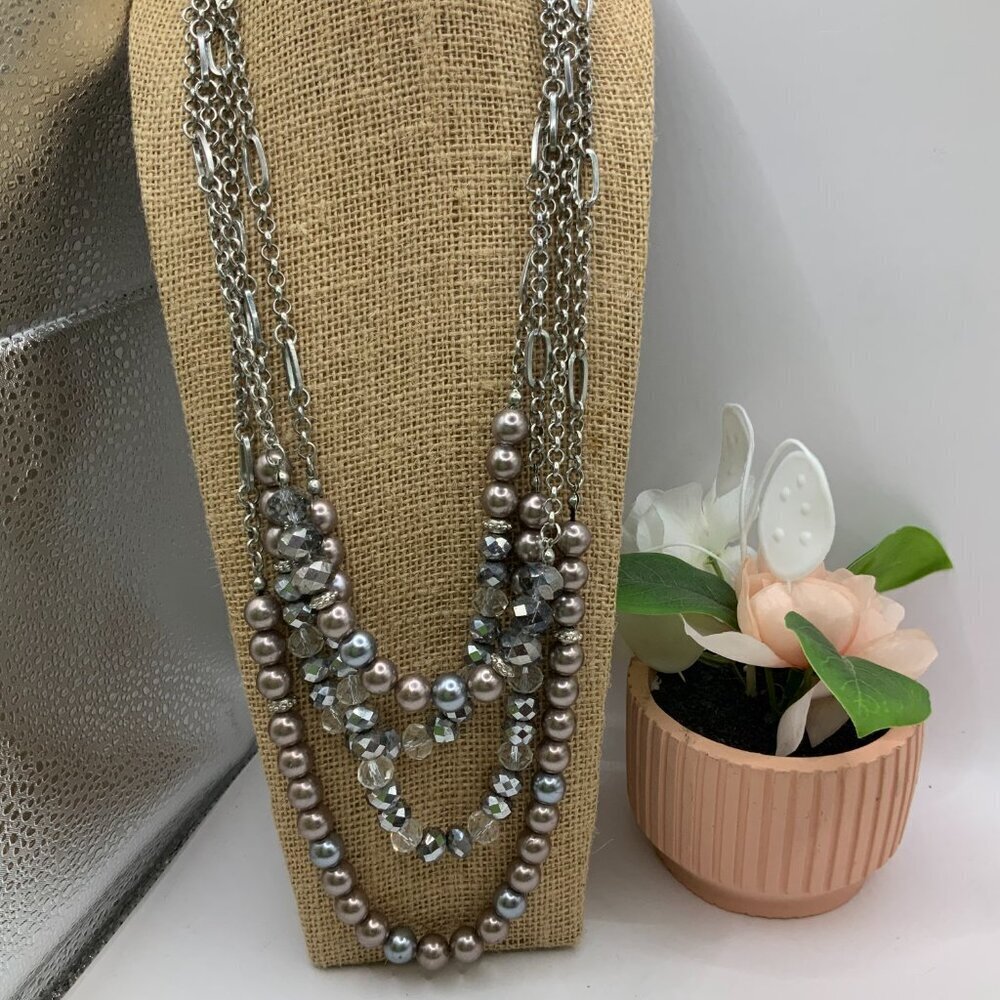 Julies B Multi Strands Gray AB Iridescent Beaded Silver Necklace - Picture 3 of 8